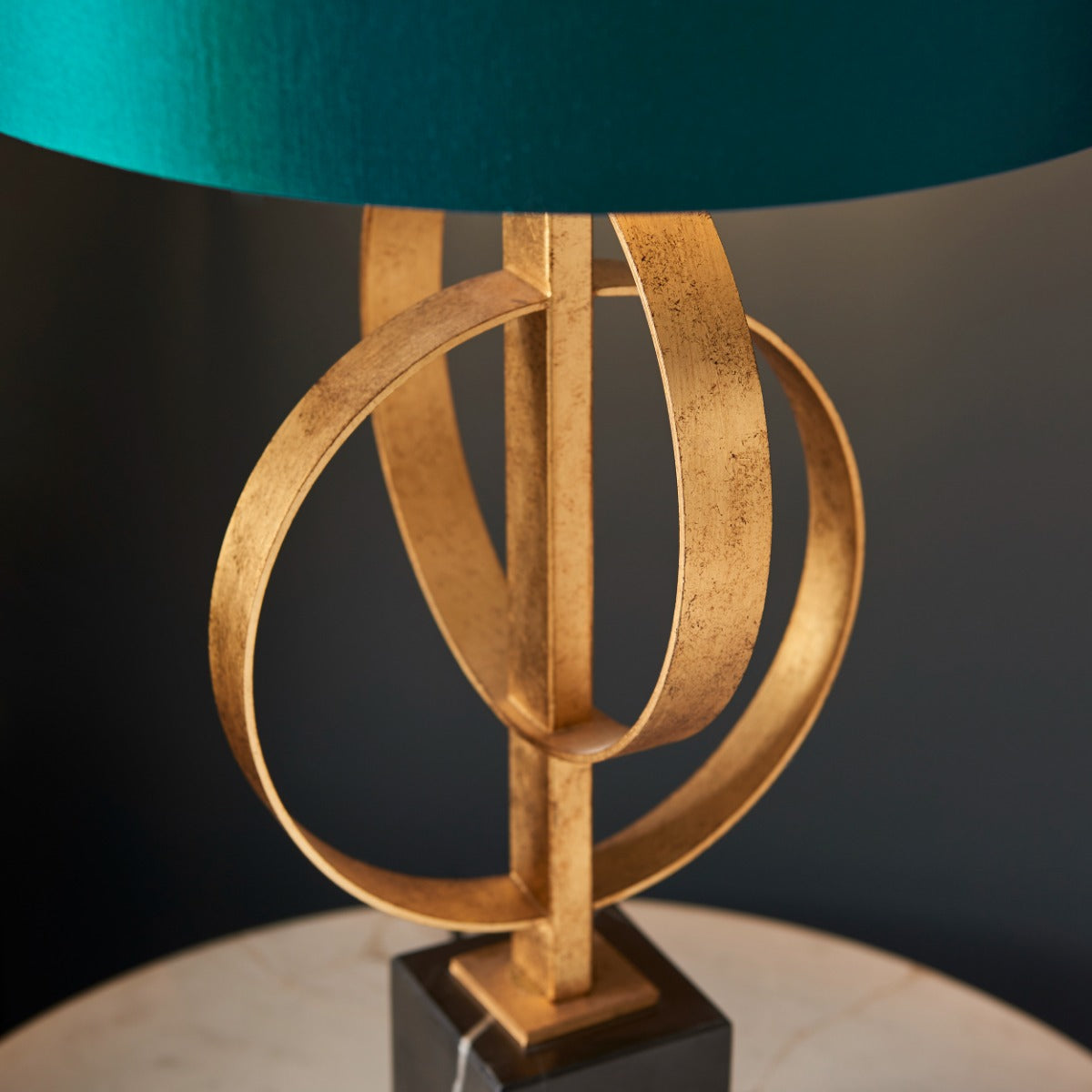 Novena Tome 1 Light Table Lamp Antique Gold Leaf Teal Satin Fabric