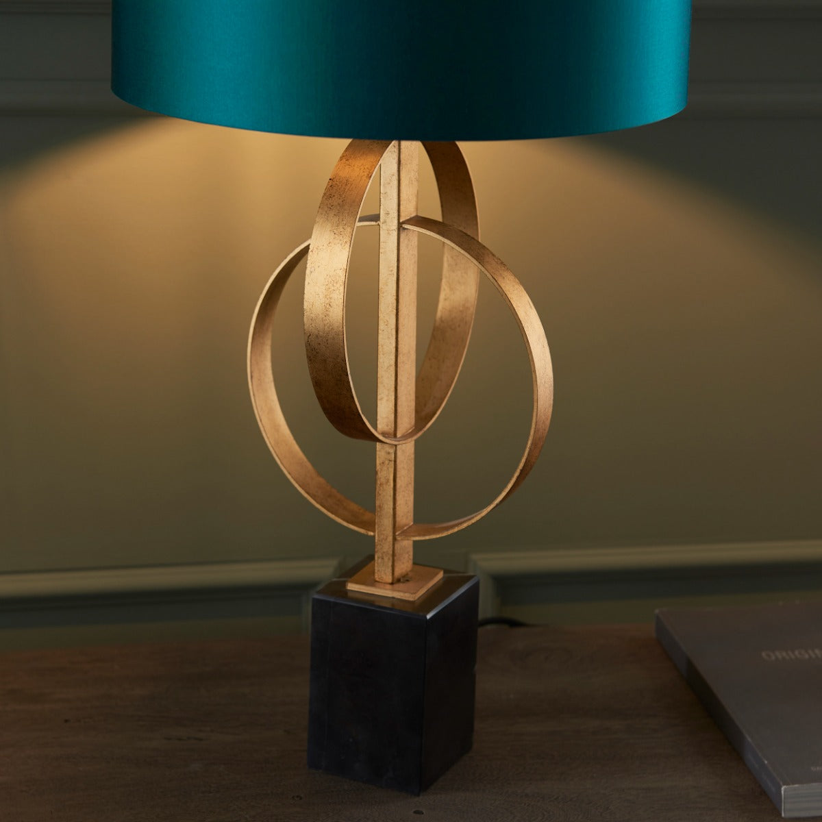 Novena Tome 1 Light Table Lamp Antique Gold Leaf Teal Satin Fabric