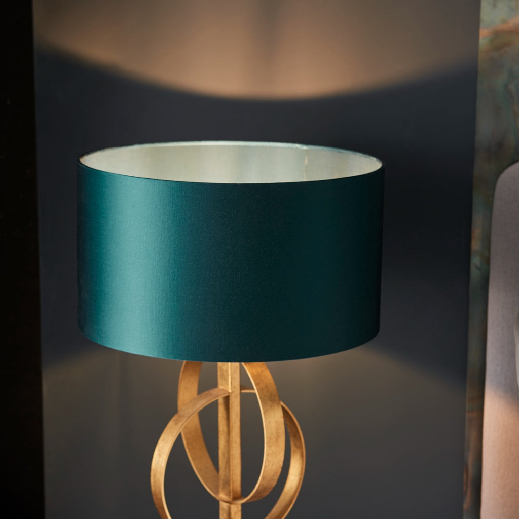 Novena Tome 1 Light Table Lamp Antique Gold Leaf Teal Satin Fabric