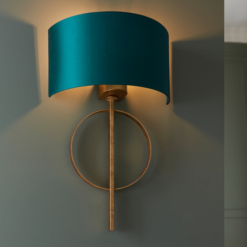 Novena Tome 1 Light Wall Light Antique Gold Leaf Teal Satin Fabric