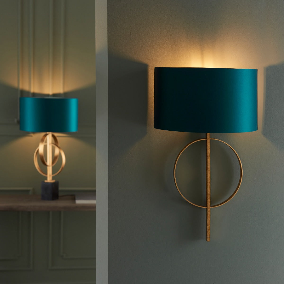 Novena Tome 1 Light Wall Light Antique Gold Leaf Teal Satin Fabric
