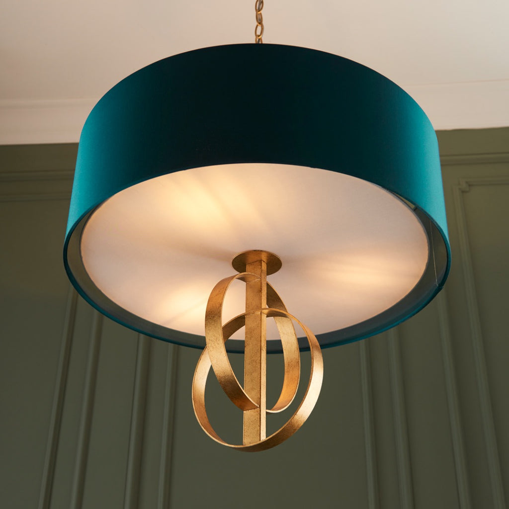 Novena Tome 3 Light Pendant Light Antique Gold Leaf Teal Satin Fabric
