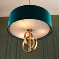 Novena Tome 3 Light Pendant Light Antique Gold Leaf Teal Satin Fabric