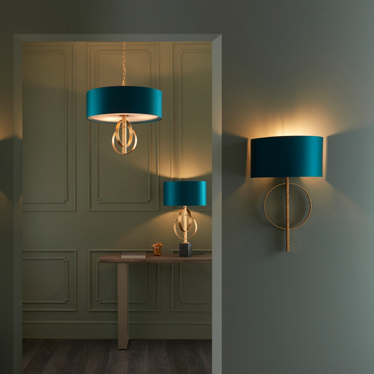 Novena Tome 3 Light Pendant Light Antique Gold Leaf Teal Satin Fabric