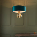 Novena Tome 3 Light Pendant Light Antique Gold Leaf Teal Satin Fabric