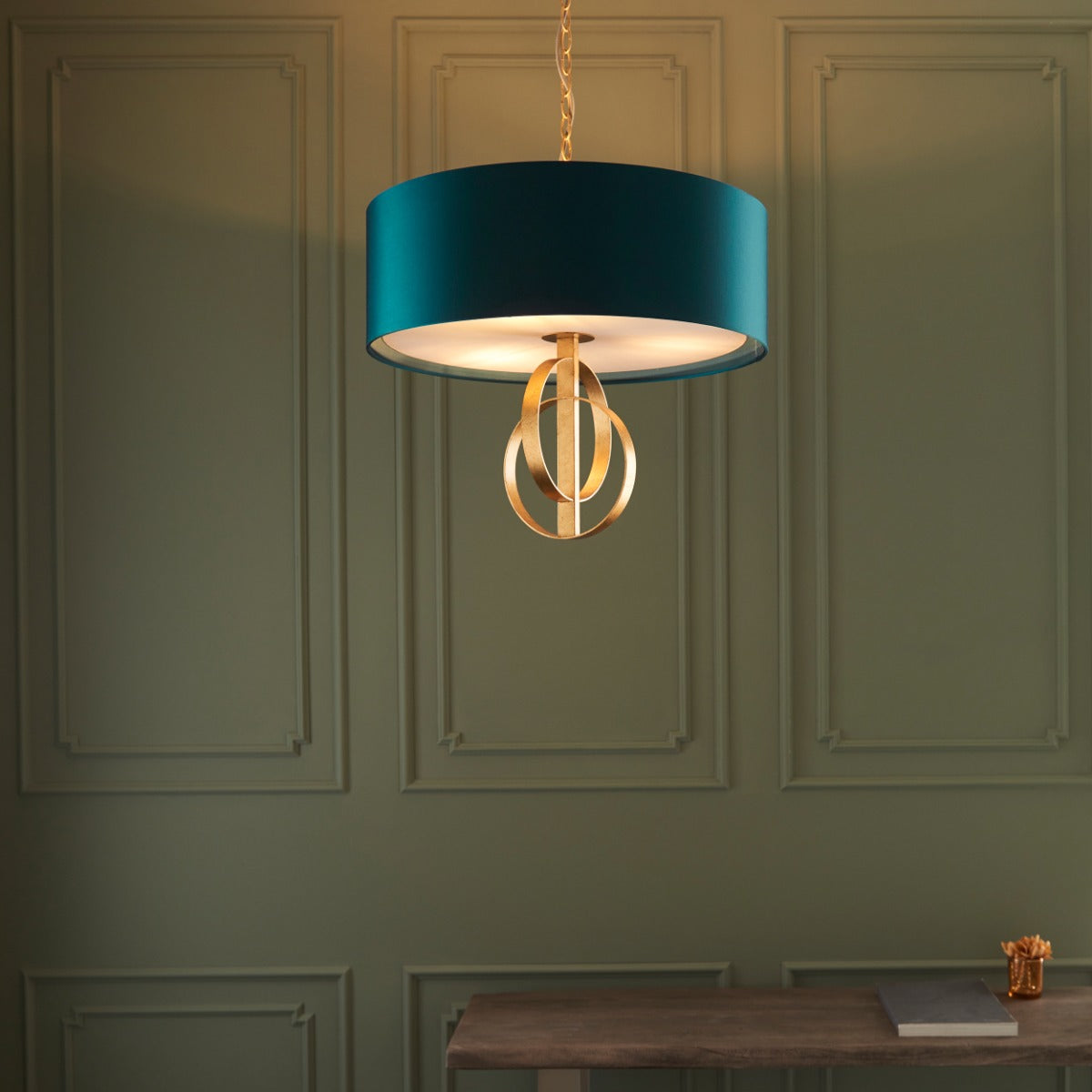 Novena Tome 3 Light Pendant Light Antique Gold Leaf Teal Satin Fabric