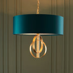 Novena Tome 3 Light Pendant Light Antique Gold Leaf Teal Satin Fabric