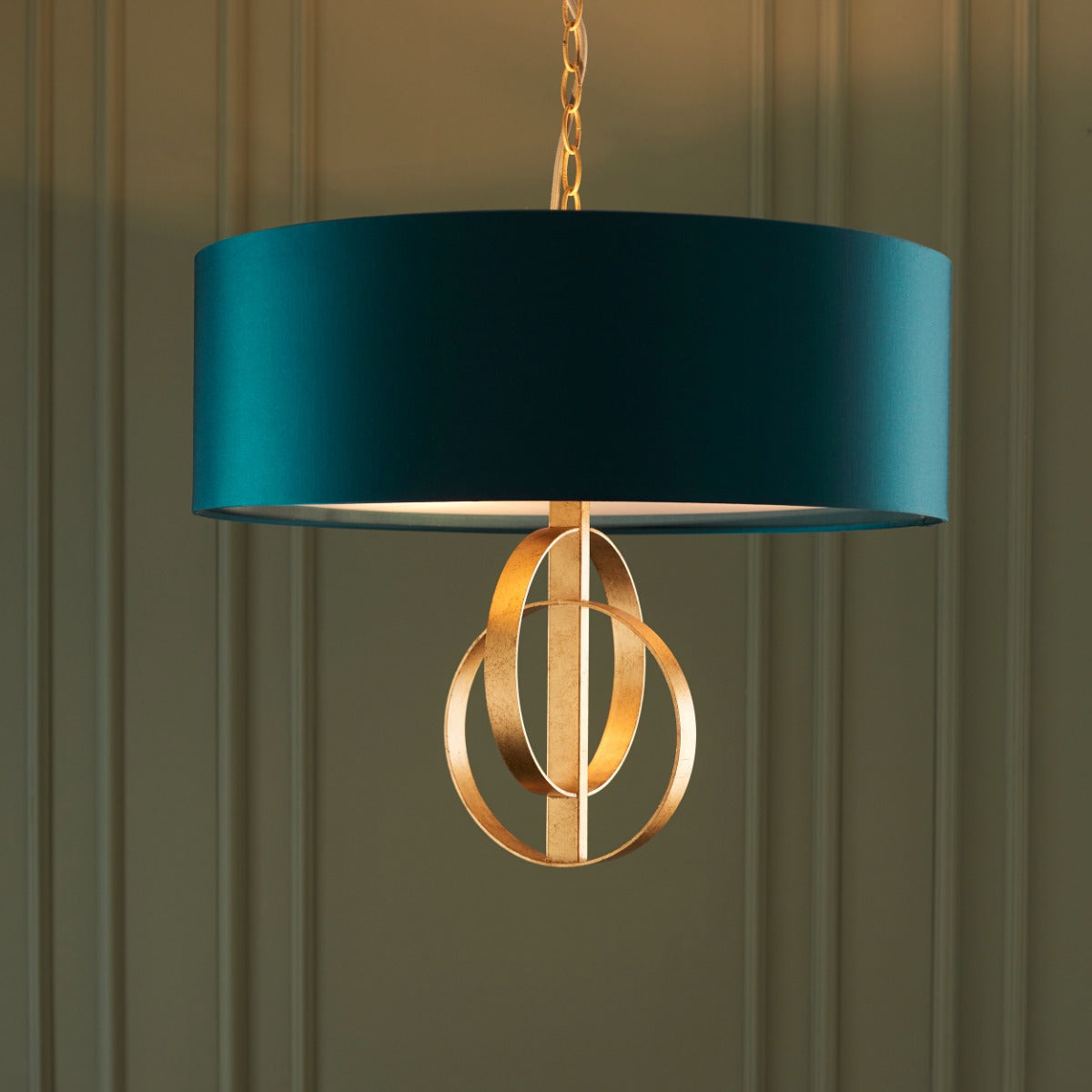 Novena Tome 3 Light Pendant Light Antique Gold Leaf Teal Satin Fabric