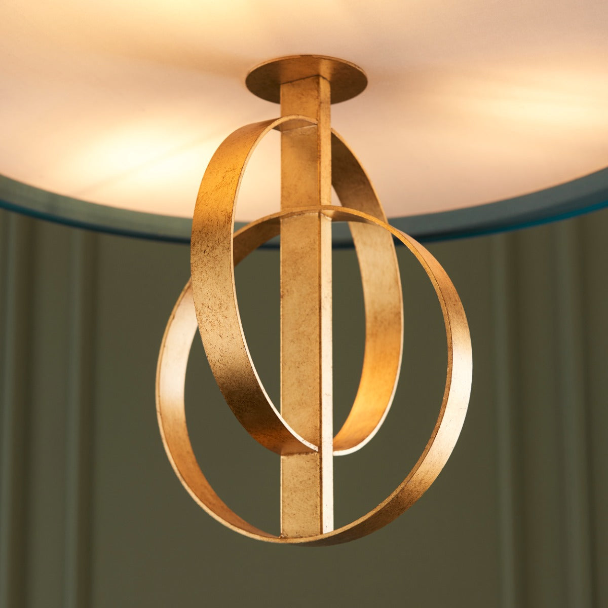 Novena Tome 3 Light Pendant Light Antique Gold Leaf Teal Satin Fabric