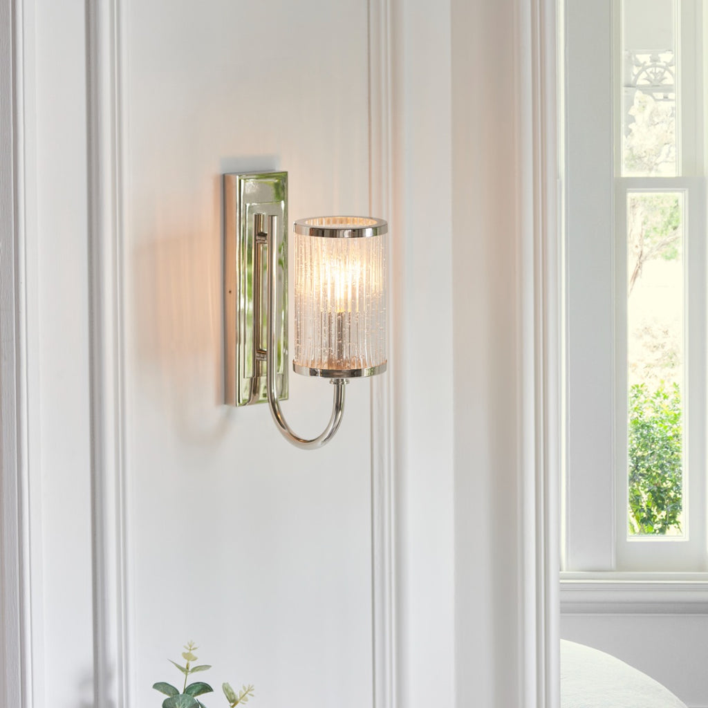 Novena Tramagi 1 Light Wall Light Ribbed Bubble Glass Bright Nickel Plate