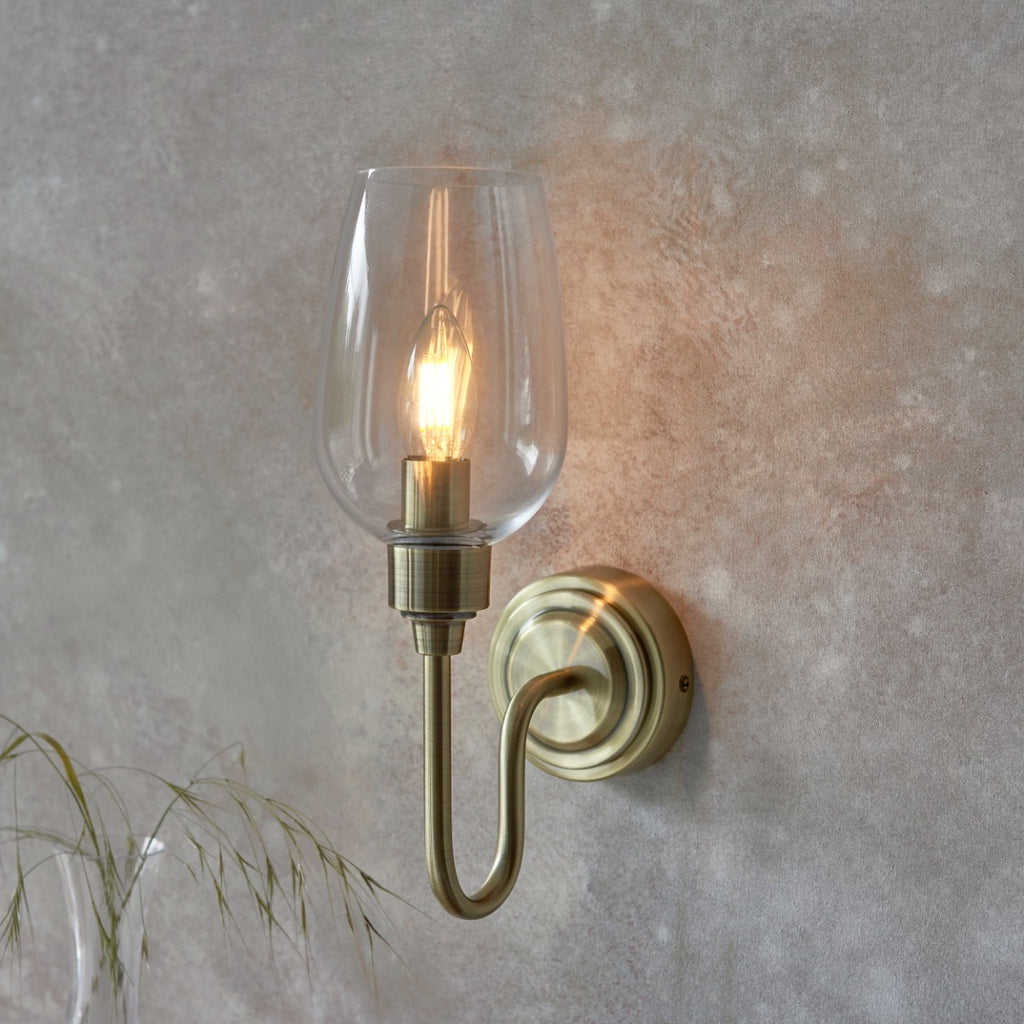 Novena Travessa 1 Light Wall Light Clear Glass Antique Brass Plate