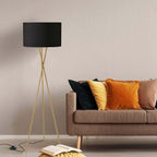 Novena Tripod Floor Lamp Brass Black Fabric Shade White Inside