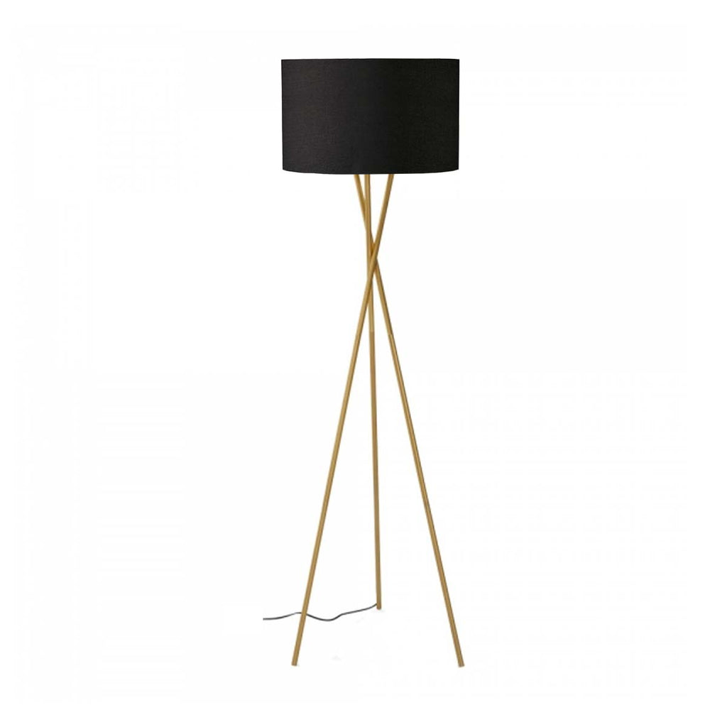 Novena Tripod Floor Lamp Brass Black Fabric Shade White Inside