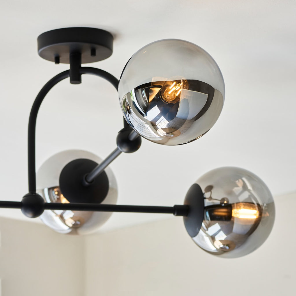 Novena Vermum 4 Light Semi Flush Ceiling Light Smoked Mirror Glass in Matt Black