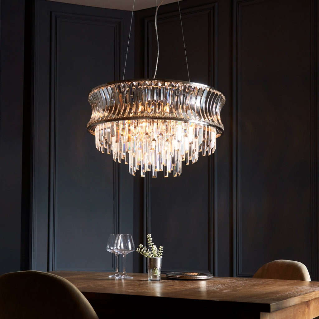 Novena Vilar 9 Light Pendant Light with Crystal and Clear Glass in Bright Nickel Plate