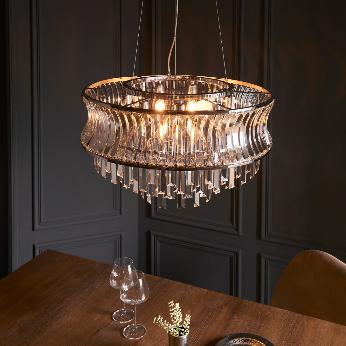 Novena Vilar 9 Light Pendant Light with Crystal and Clear Glass in Bright Nickel Plate