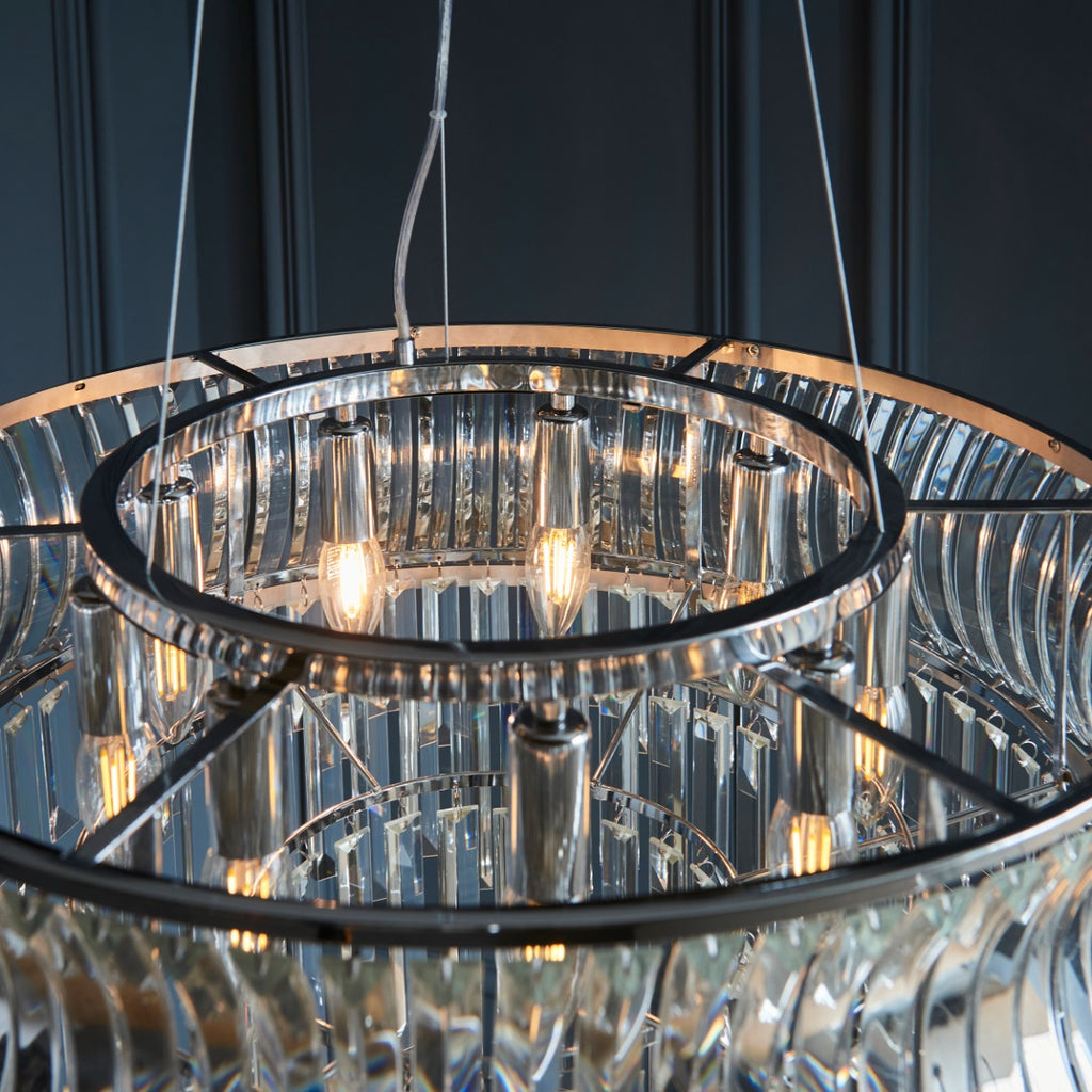 Novena Vilar 9 Light Pendant Light with Crystal and Clear Glass in Bright Nickel Plate