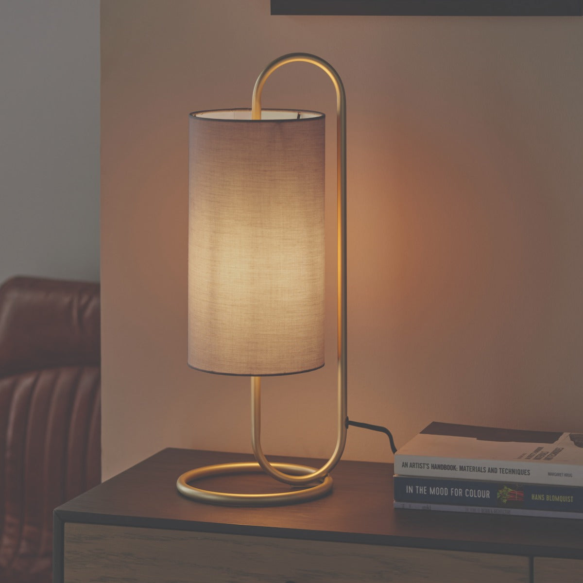 Novena Viseu 1 Light Table Lamp Antique Brass Grey Fabric