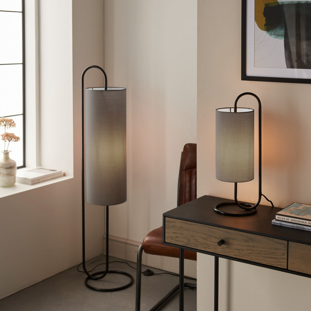 Novena Viseu 1 Light Table Lamp Matt Black Grey Fabric Shade