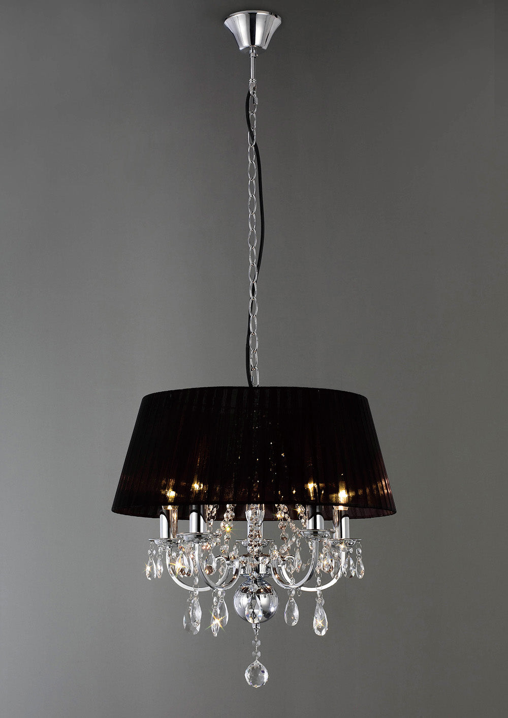 Diyas Olivia 5 Light Pendant Light in Polished Chrome with Crystal and Black Shade