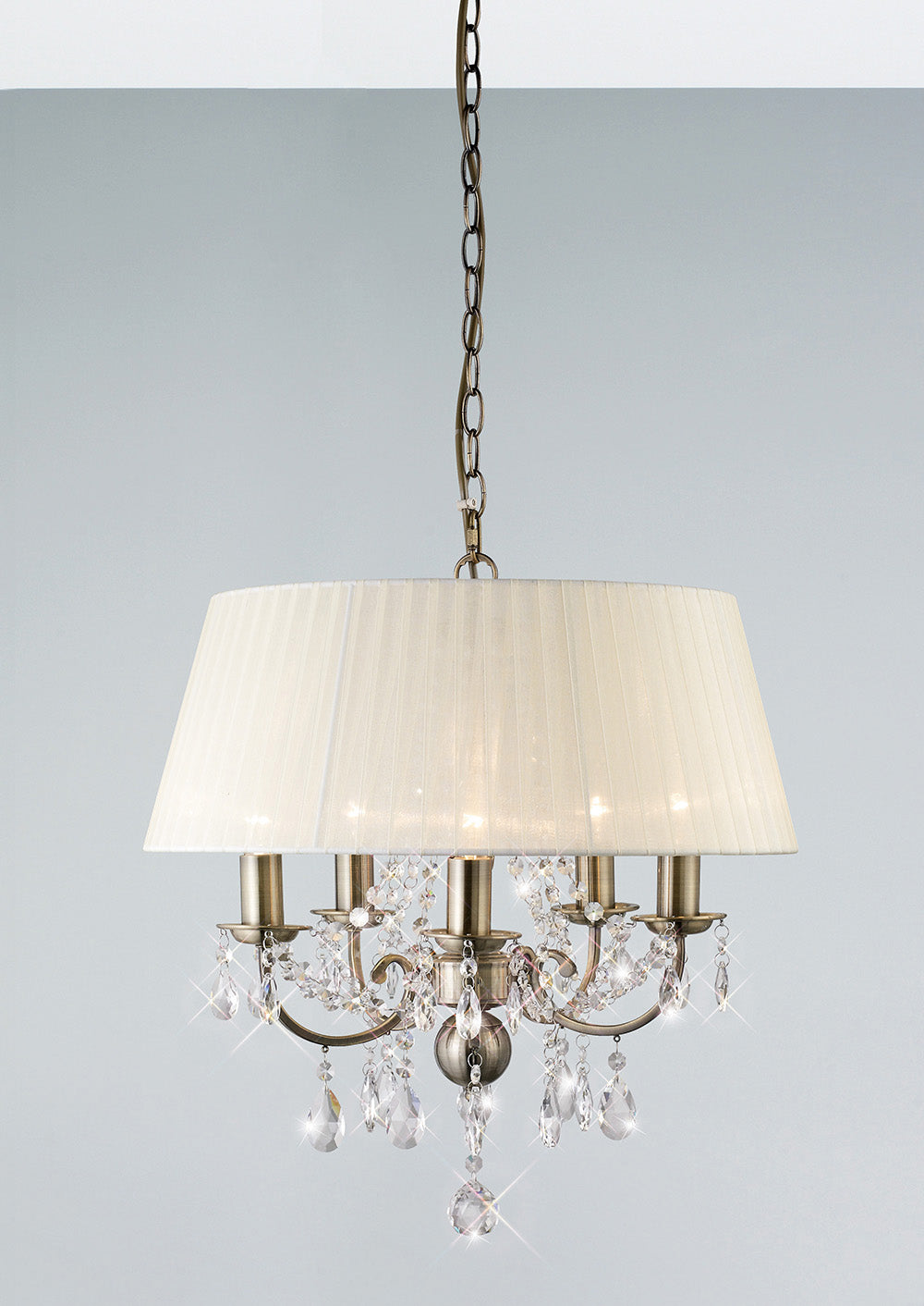 Diyas Olivia 5 Light Pendant Light in Antique Brass with Crystal and Ivory Cream Shade