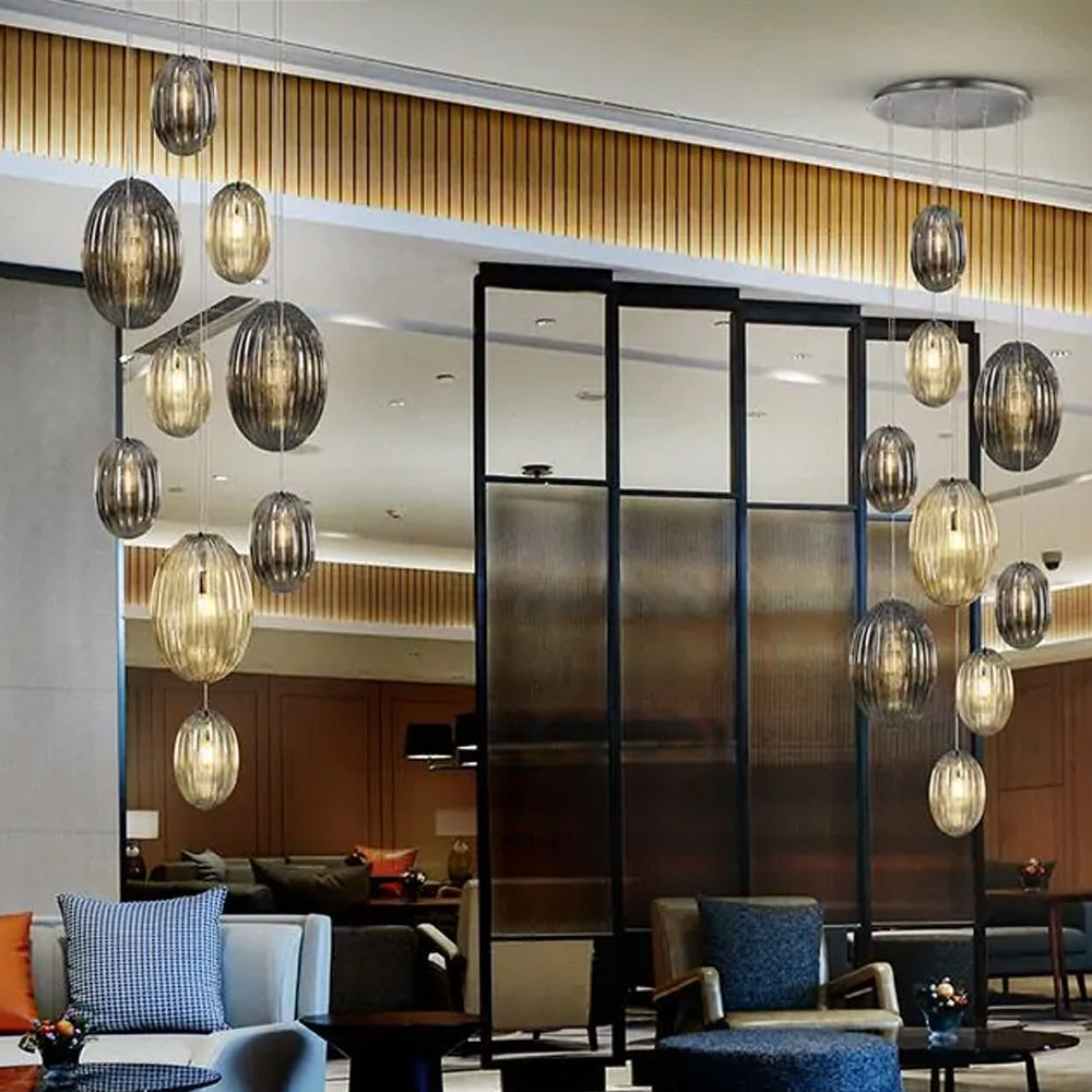 Schuller Ovila 9 Light Pendant Light in Chrome with Cognac and Smoky Grey Shade