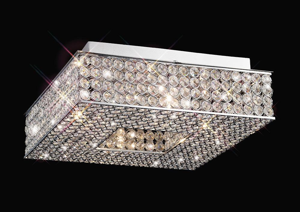 Diyas Piazza 4 Light Square Flush Ceiling Light in Polished Chrome with Crystal