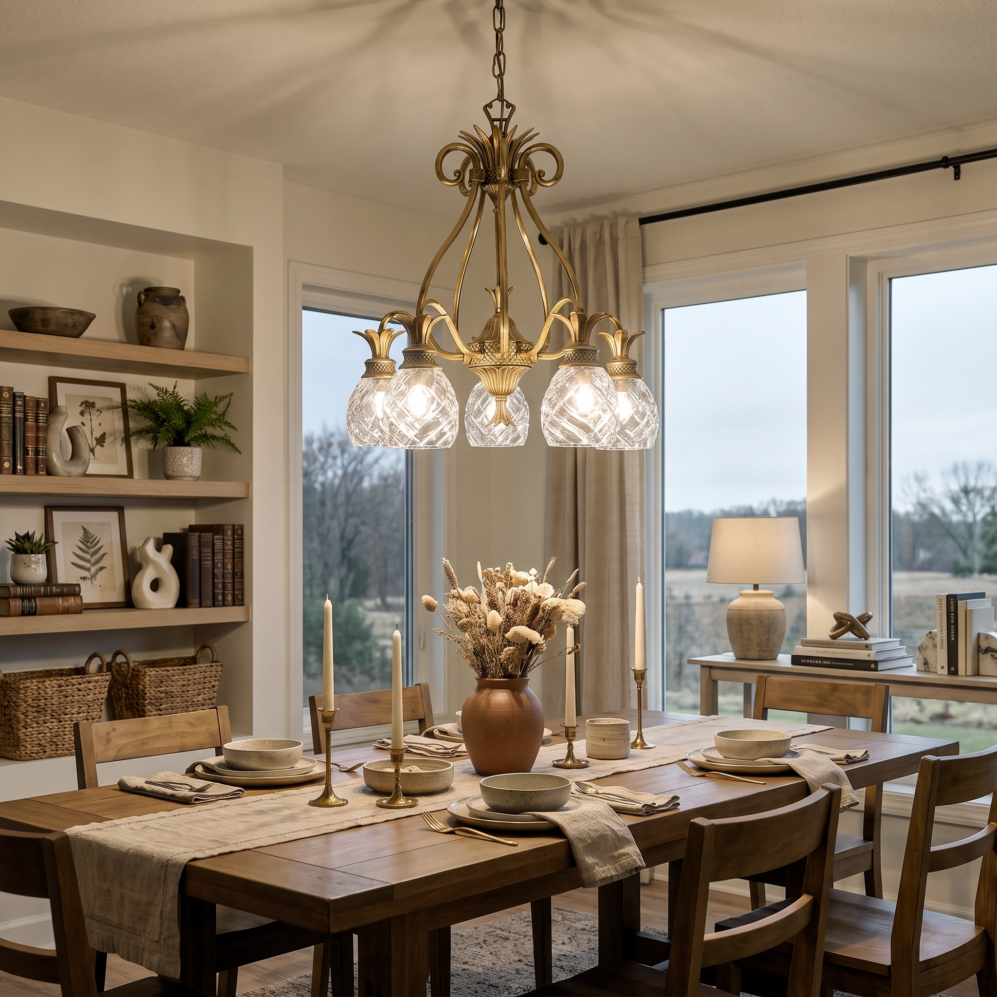 Hinkley Plantation 5 light chandelier in burnished brass above a dining table