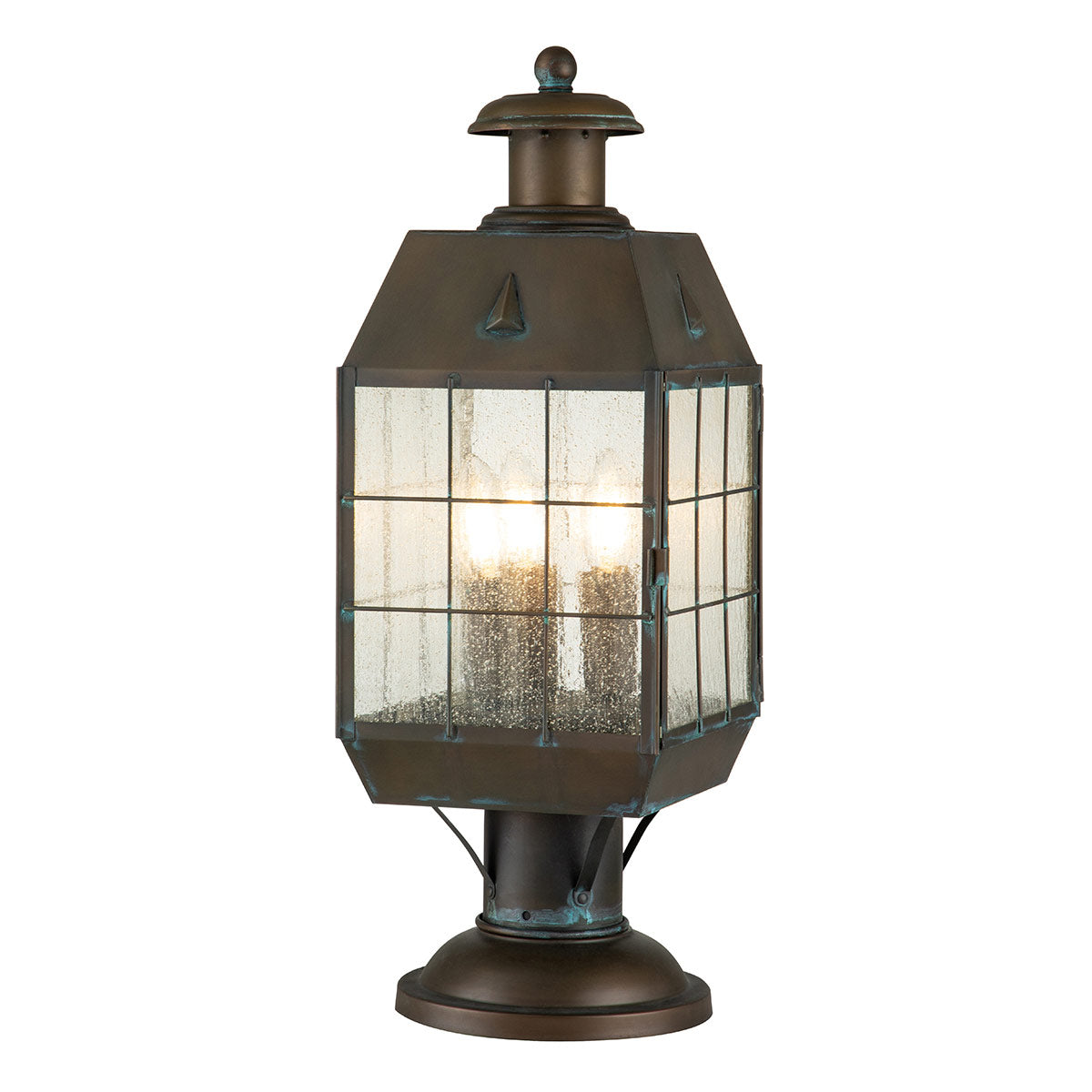 Quintiesse Nantucket Outdoor 3 Light Large Pedestal Lantern in Aged Brass