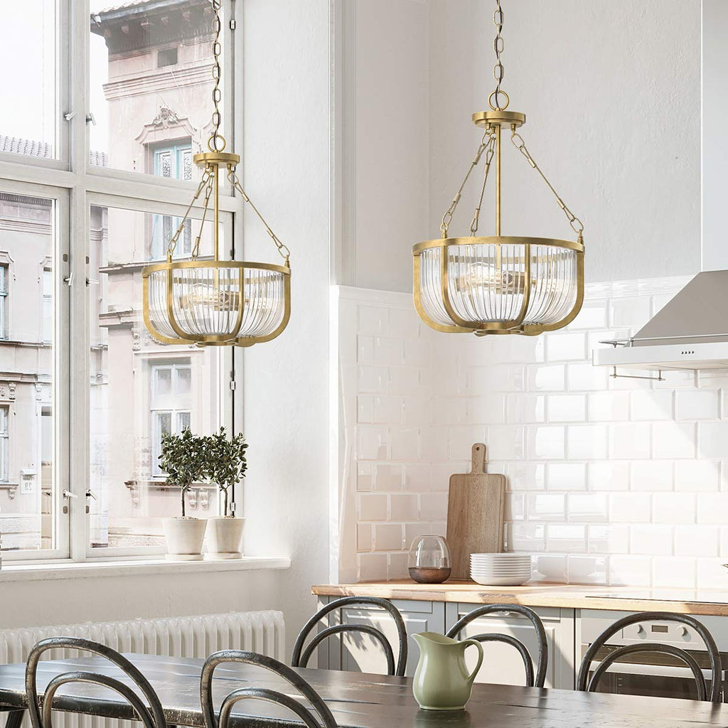 Quintiesse Roux 3 Light Pendant/ Semi-Flush in Natural Brass