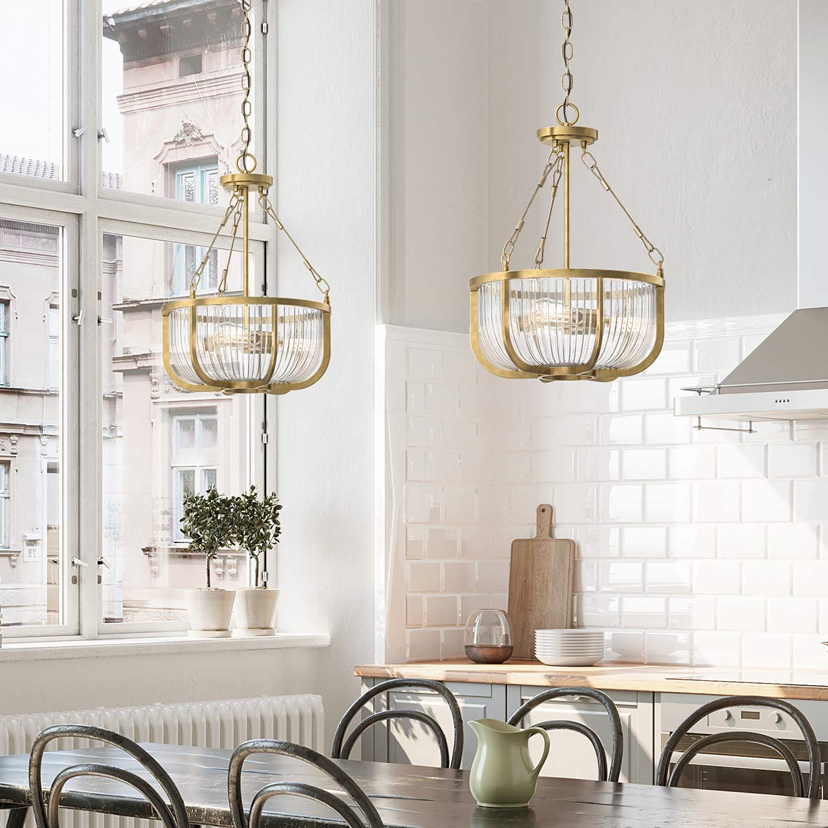 Quintiesse Roux 3 Light Pendant/ Semi-Flush in Natural Brass