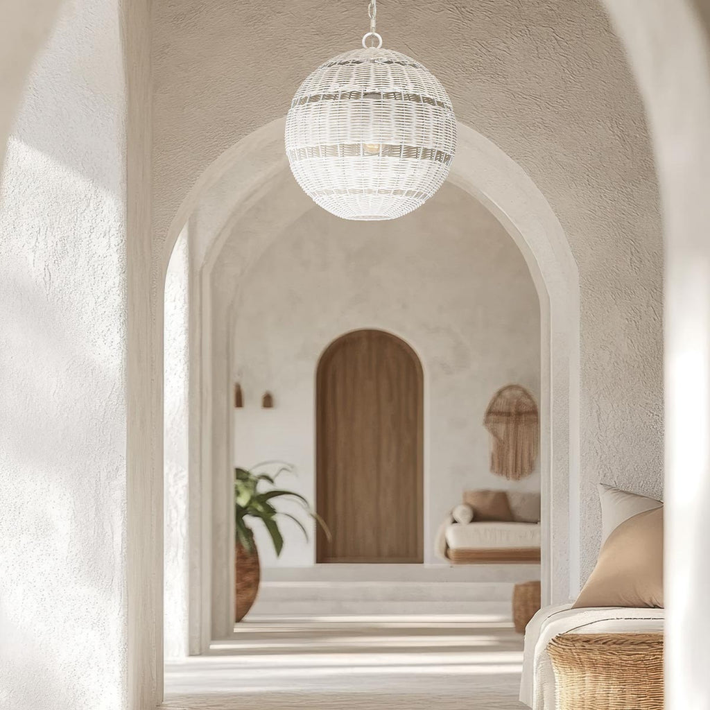 Quoizel Lindendale Pendant Antique White Rattan with Clear Shade Inside