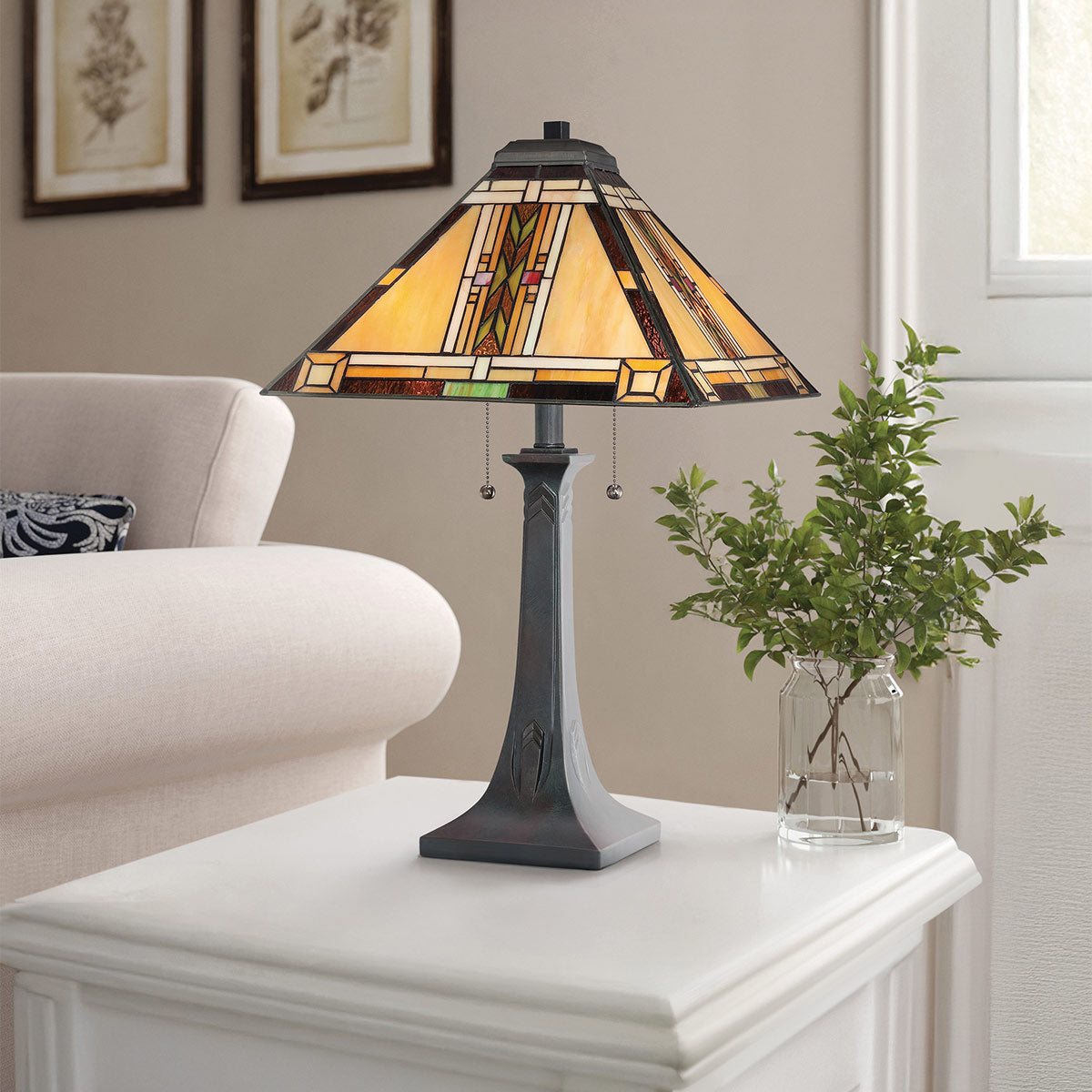 Quoizel Navajo 2 Light Tiffany styleTable Lamp Bronze with Art Glass Shade