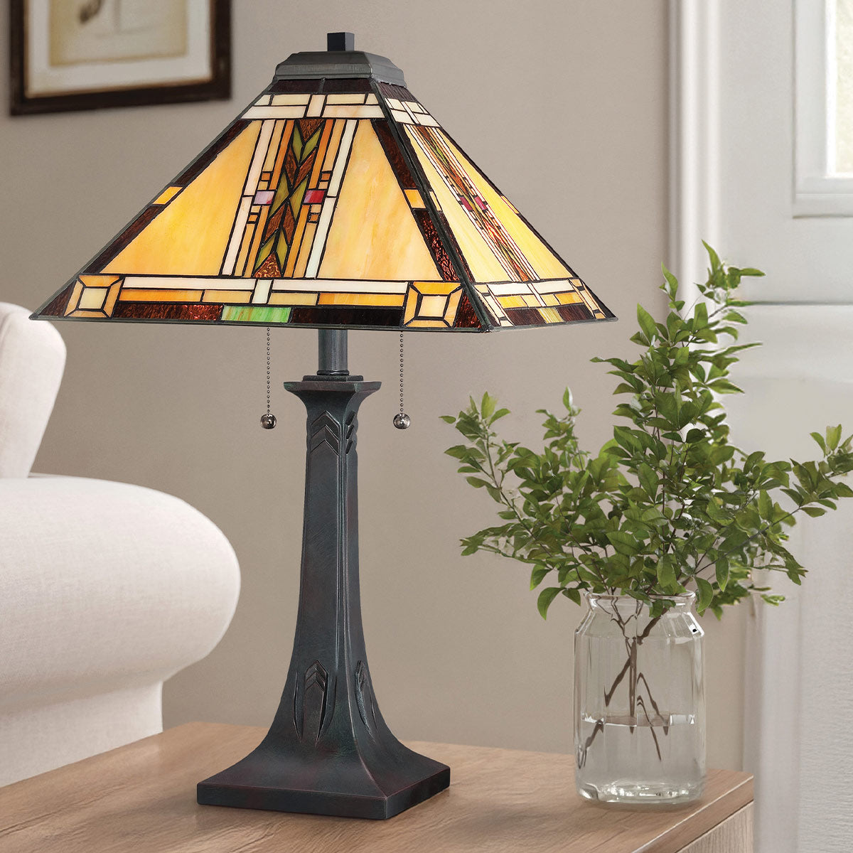 Quoizel Navajo 2 Light Tiffany styleTable Lamp Bronze with Art Glass Shade