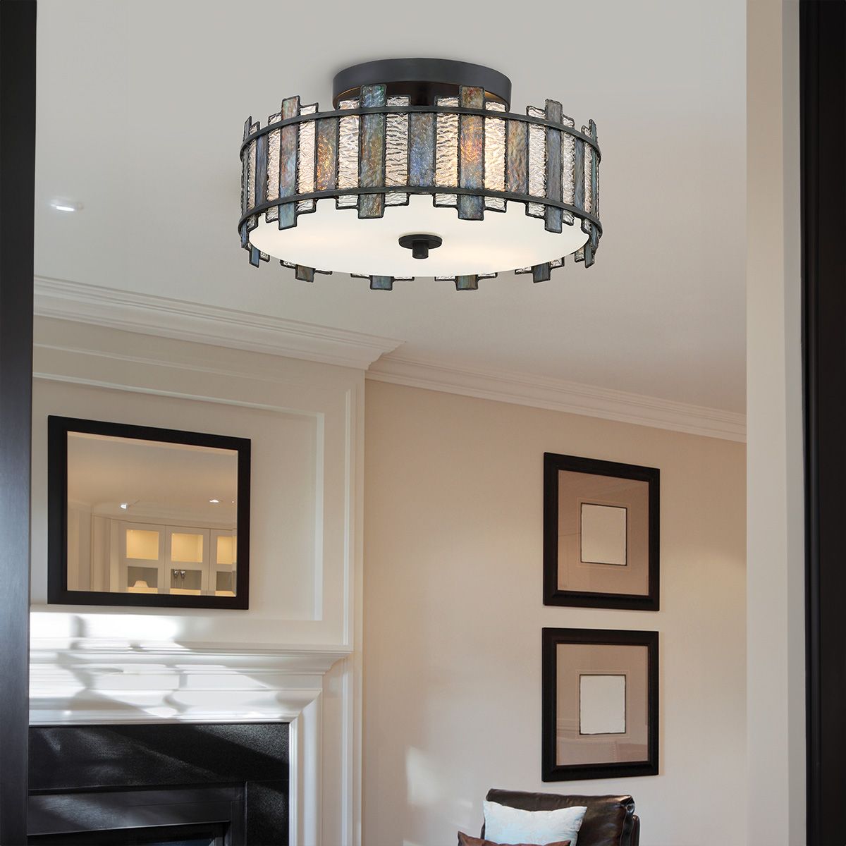 Quoizel Sentry 2 Light Semi-Flush in Black & Art Glass