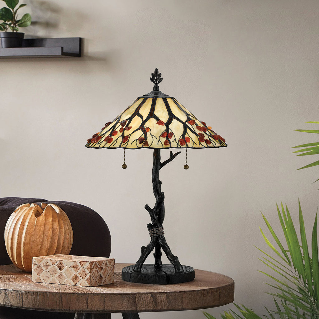 Quoizel Whispering 2 Light Tiffany style Table Lamp Valiant Bronze with Art Glass Shade