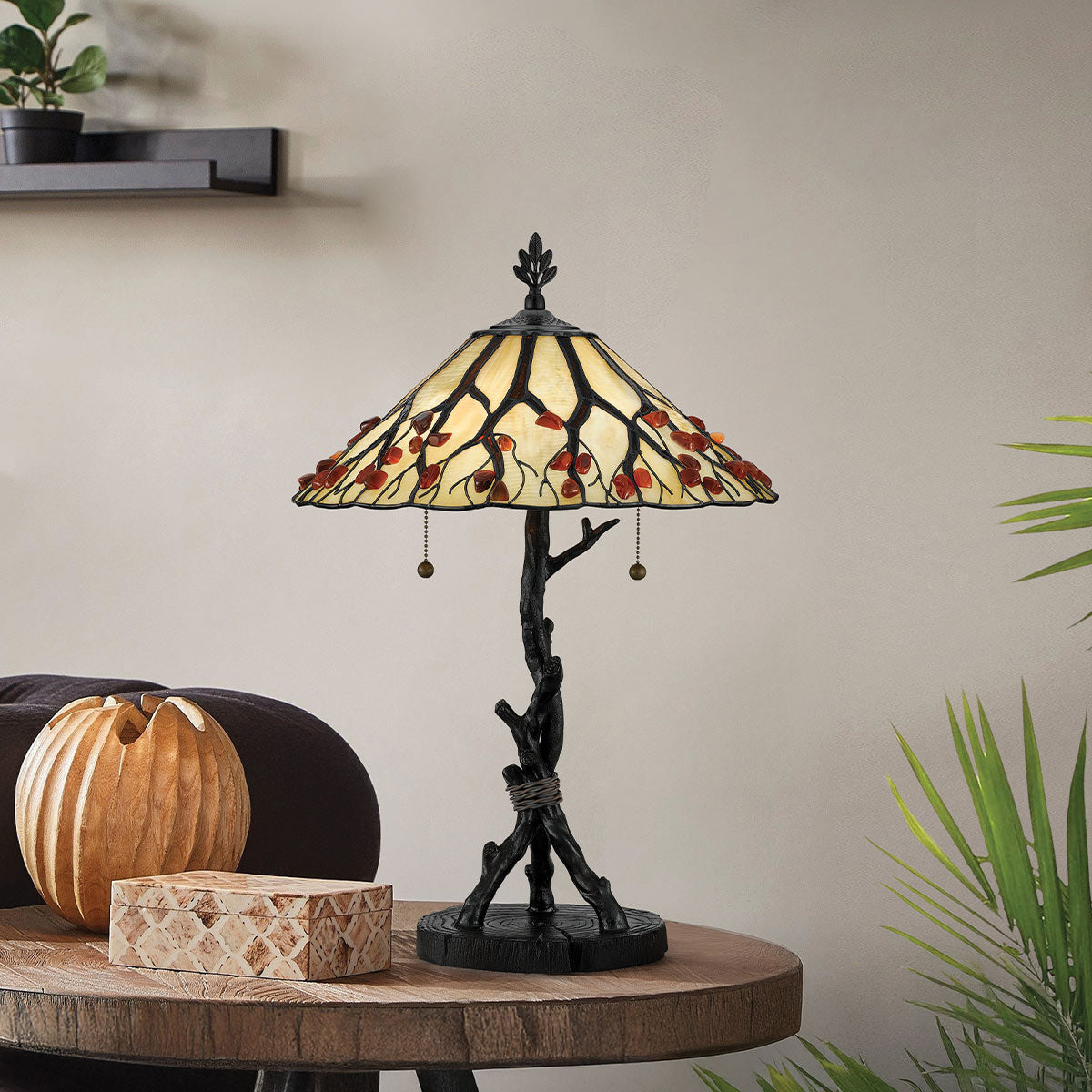 Quoizel Whispering 2 Light Tiffany style Table Lamp Valiant Bronze with Art Glass Shade