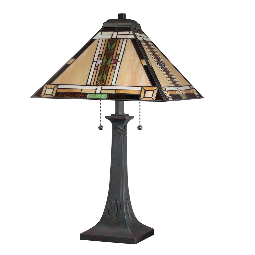 Quoizel Navajo 2 Light Tiffany styleTable Lamp Bronze with Art Glass Shade