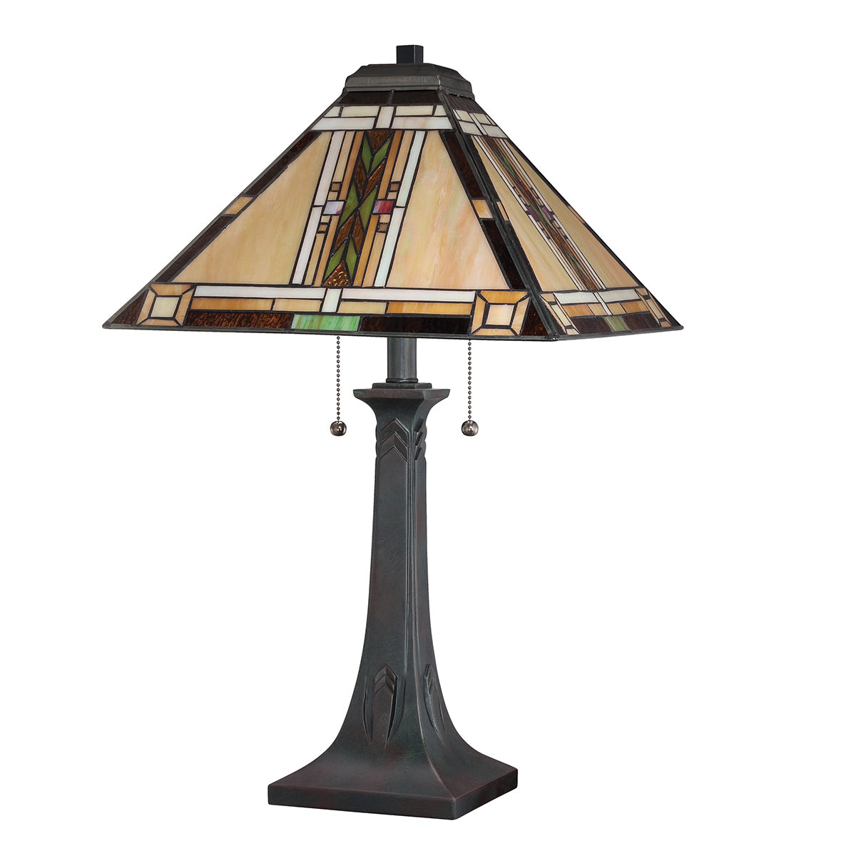 Quoizel Navajo 2 Light Tiffany styleTable Lamp Bronze with Art Glass Shade