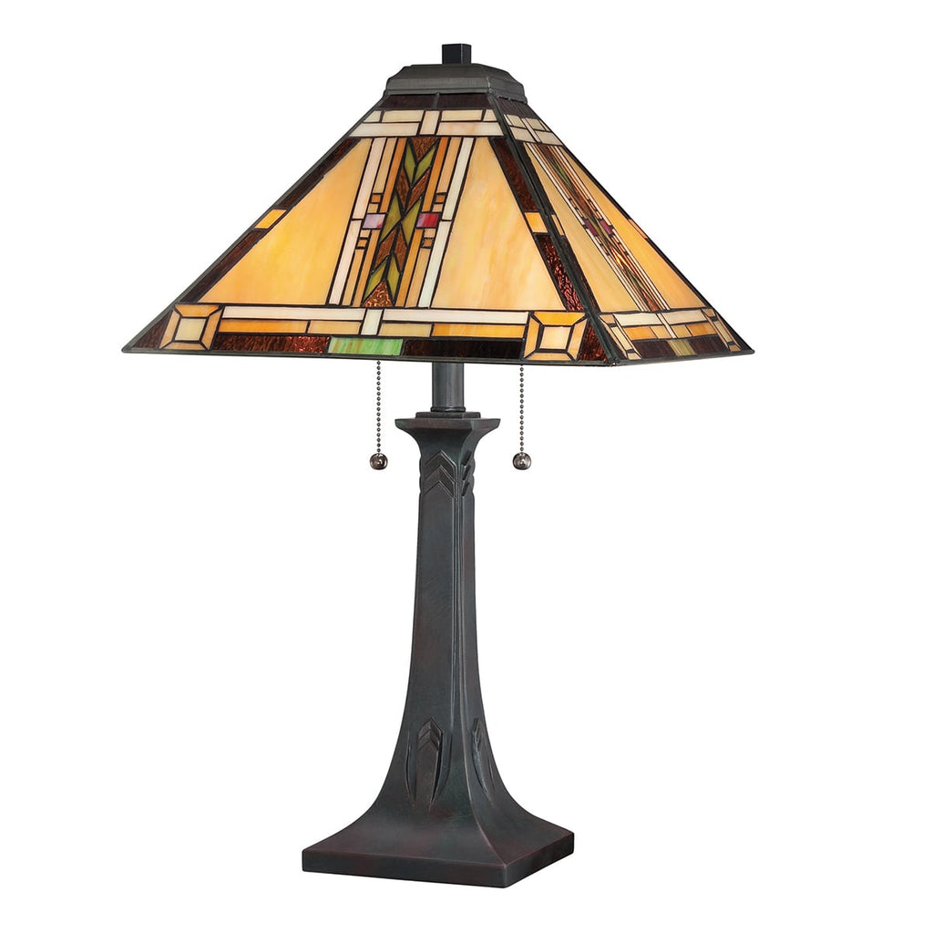 Quoizel Navajo 2 Light Tiffany styleTable Lamp Bronze with Art Glass Shade