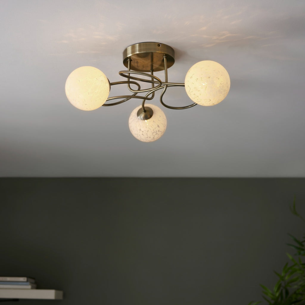 Regent Celest 3 Light Semi Flush Ceiling Light in Antique Brass