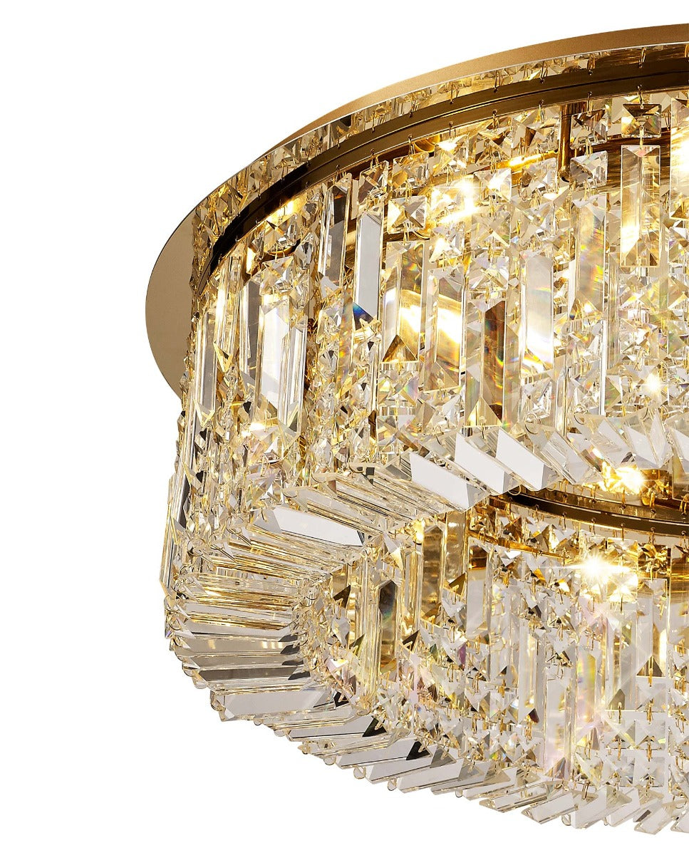 Regent Cholet Round 12 Light Flush Chandelier in Gold with Crystal