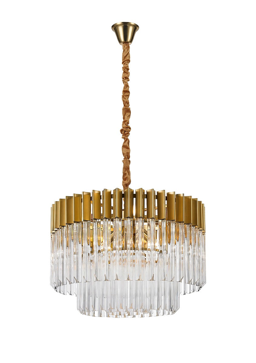 Regent Fontainebleau Round 8 Light Pendant Light in Brass with Clear Sculpted Glass