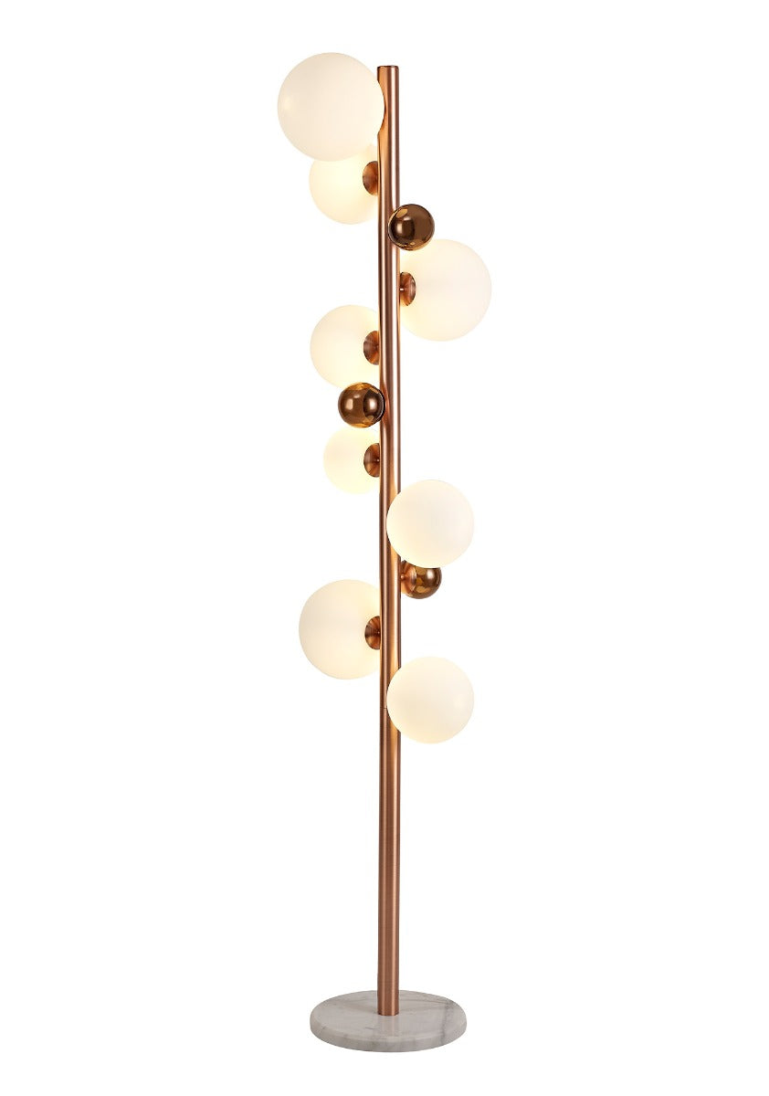 Regent Martinique 8 Light Floor Lamp in Antique Copper with Opal and Copper Glass and White Marble Base