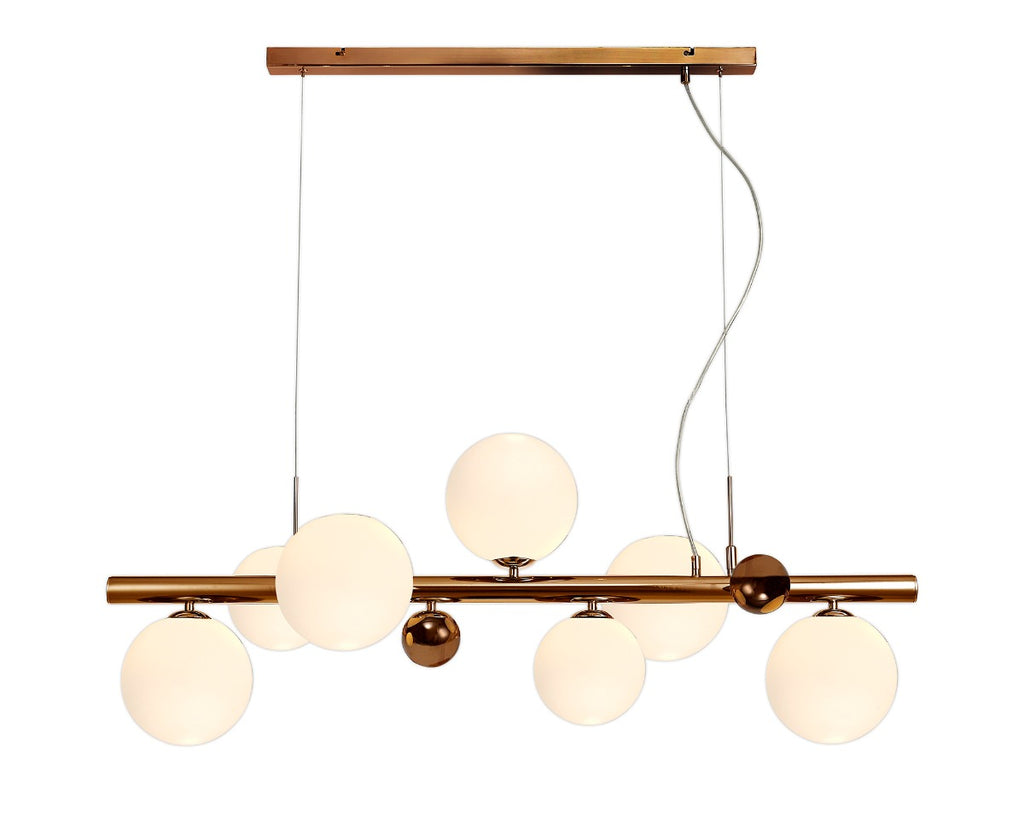 Regent Martinique Linear 7 Light Pendant Light in Antique Copper with Opal and Copper Glass