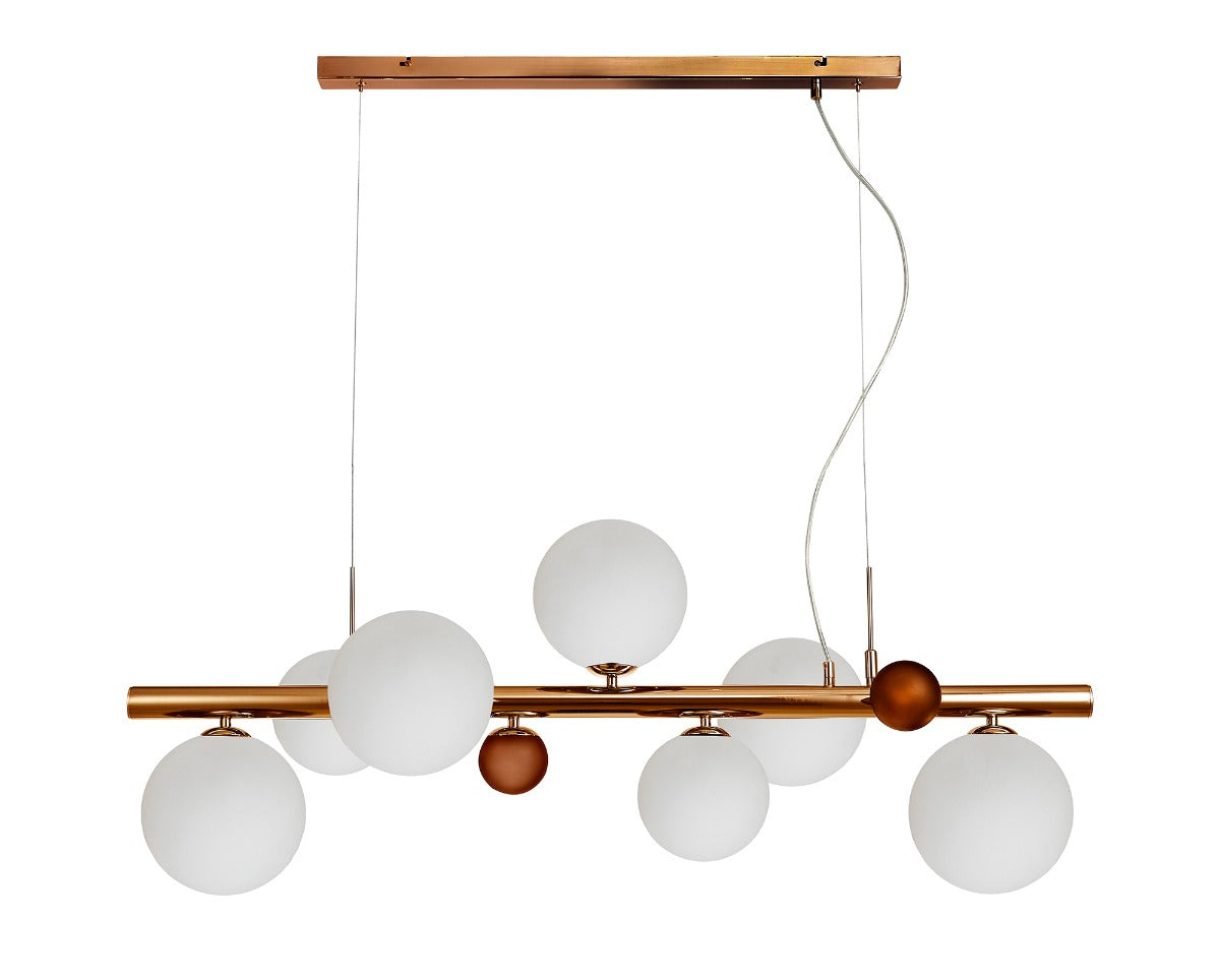 Regent Martinique Linear 7 Light Pendant Light in Antique Copper with Opal and Copper Glass