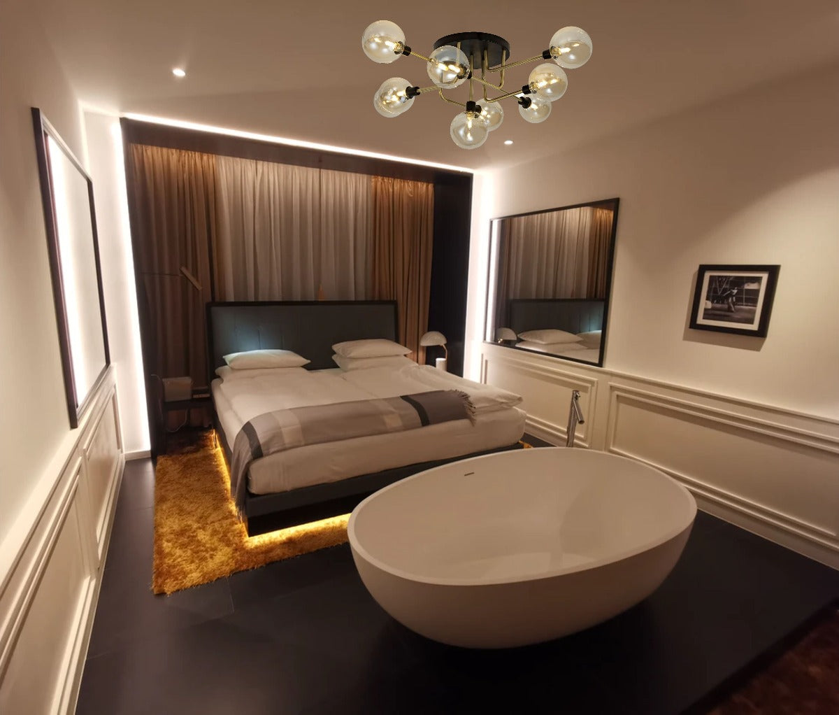 Regent Rochelle 9 Light Flush Ceiling Light in Matt Black and Antique Brass with Cognac Glass