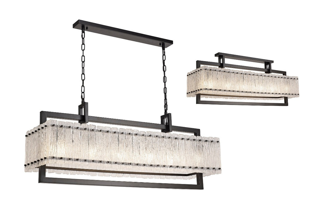 Regent Rodez Large Linear 12 Light Pendant Light in Matt Black with Crystal Sand Glass