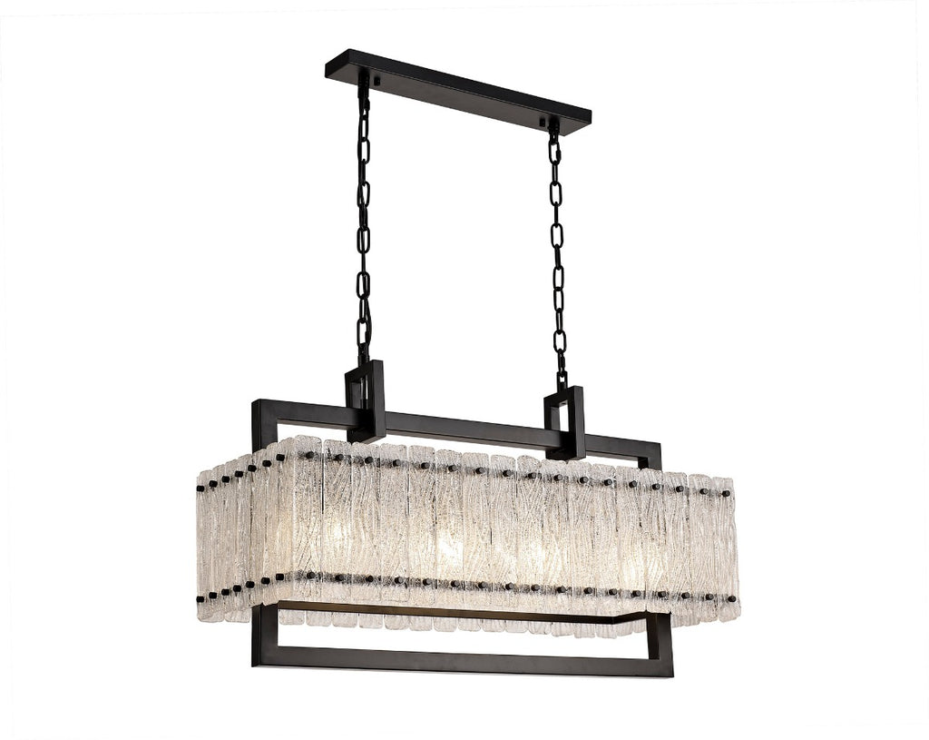 Regent Rodez Medium Linear 8 Light Pendant Light in Matt Black with Crystal and Sand Glass
