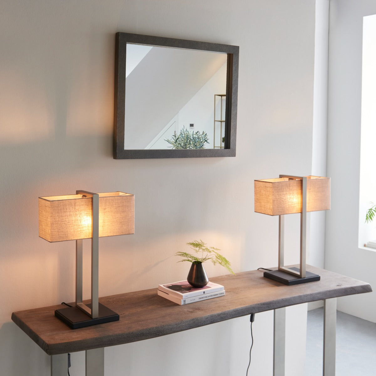 Regent Seattle Table Lamp in Satin Nickel with Natural Shade